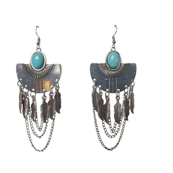 Vintage Turquoise Boho Silver Tone Feathers Tribal Chains Fan Earrings Jewelry - Picture 1 of 2